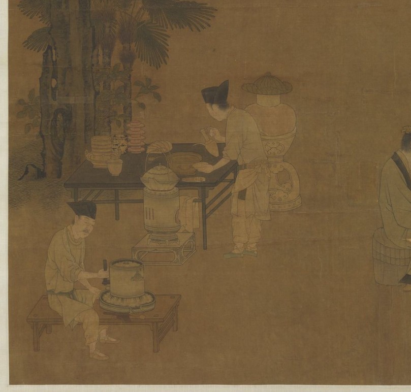 Detalj ur Grinding Tea av Liu Songnian med redskap för att mala te, värma vatten och tillreda te under Songdynastin